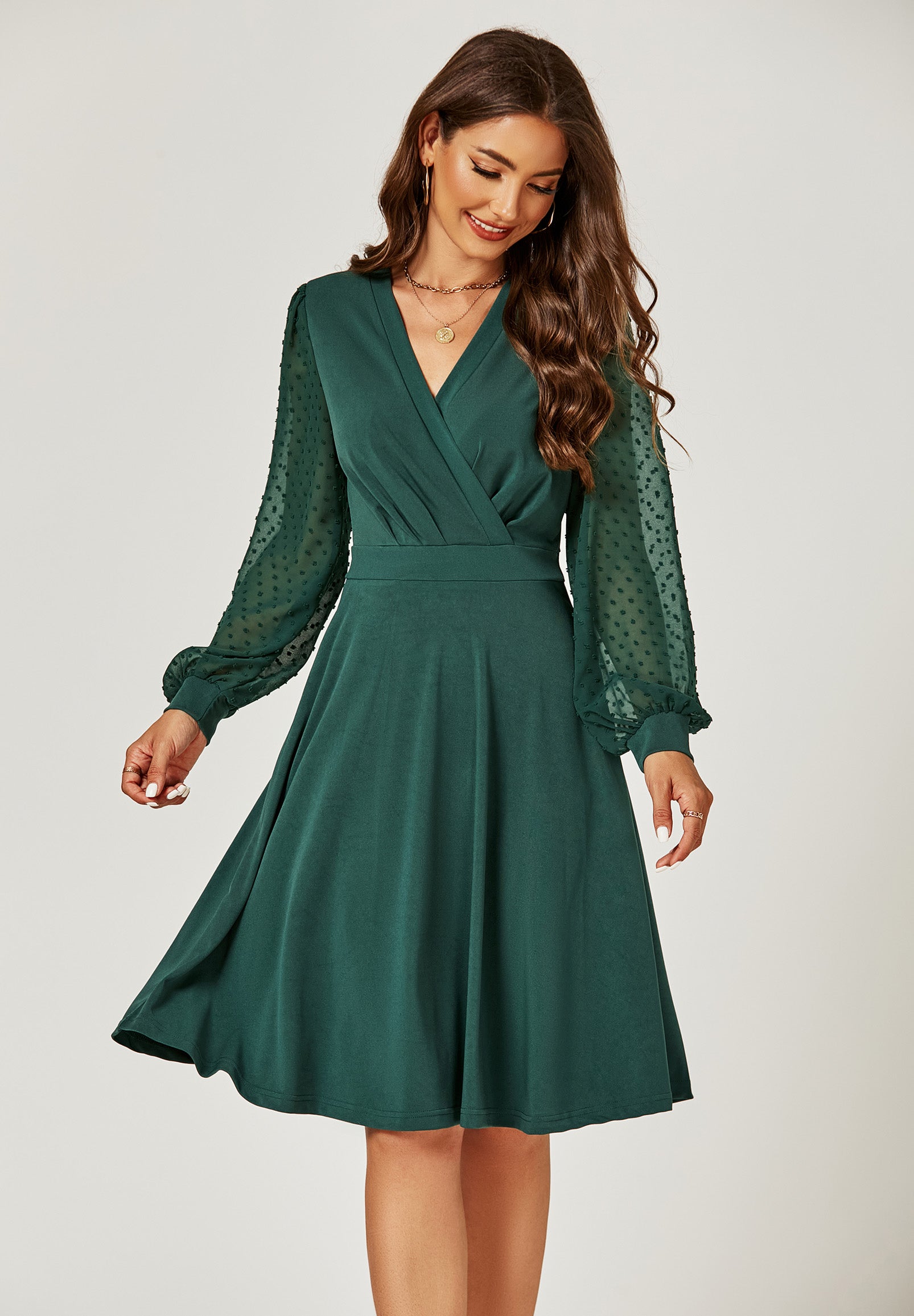 FS COLLECTION Midikleid Damen Midikleid mit eleganten langen Spitzenärmeln (S (EU:36 / UK:8) M (EU:38 / UK:10) L (EU:40 / UK:12) XL (EU:42 / UK:14), 2 Farben: Schwarz und Dunkelgrün) weich, elastisch, formstabil und pflegeleicht 4.8 (4)