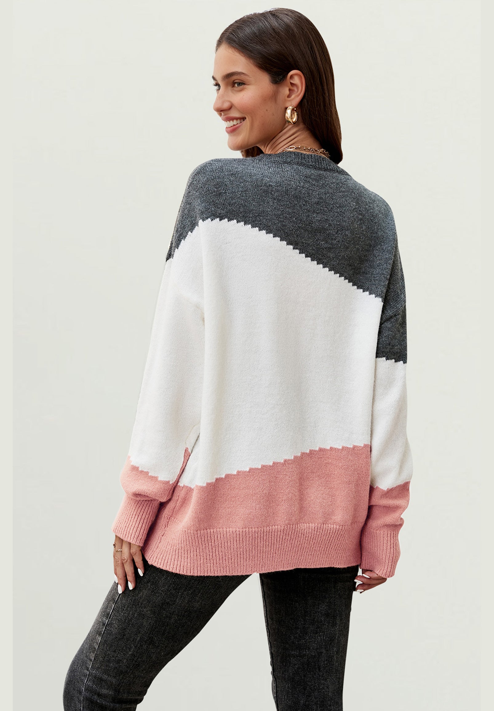 Strickpullover Damen Strickpullover in Blockfarben – Einheitsgröße, Langarm - Onesize (DE 36–44 / UK 8–16, 52% Acryl, 28% Polyamid und 20% Polyester) Marine/Grau/Weiß - Rosa/Grau/Weiß - Grau/Weiß/Camel - Blau/Weiß/Grau