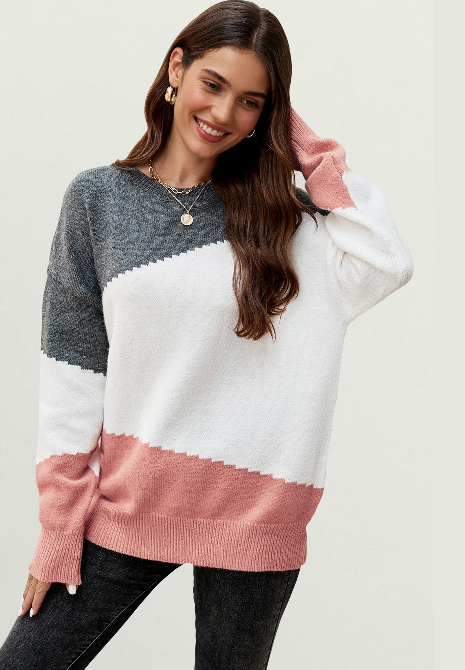 Strickpullover Damen Strickpullover in Blockfarben – Einheitsgröße, Langarm - Onesize (DE 36–44 / UK 8–16, 52% Acryl, 28% Polyamid und 20% Polyester) Marine/Grau/Weiß - Rosa/Grau/Weiß - Grau/Weiß/Camel - Blau/Weiß/Grau
