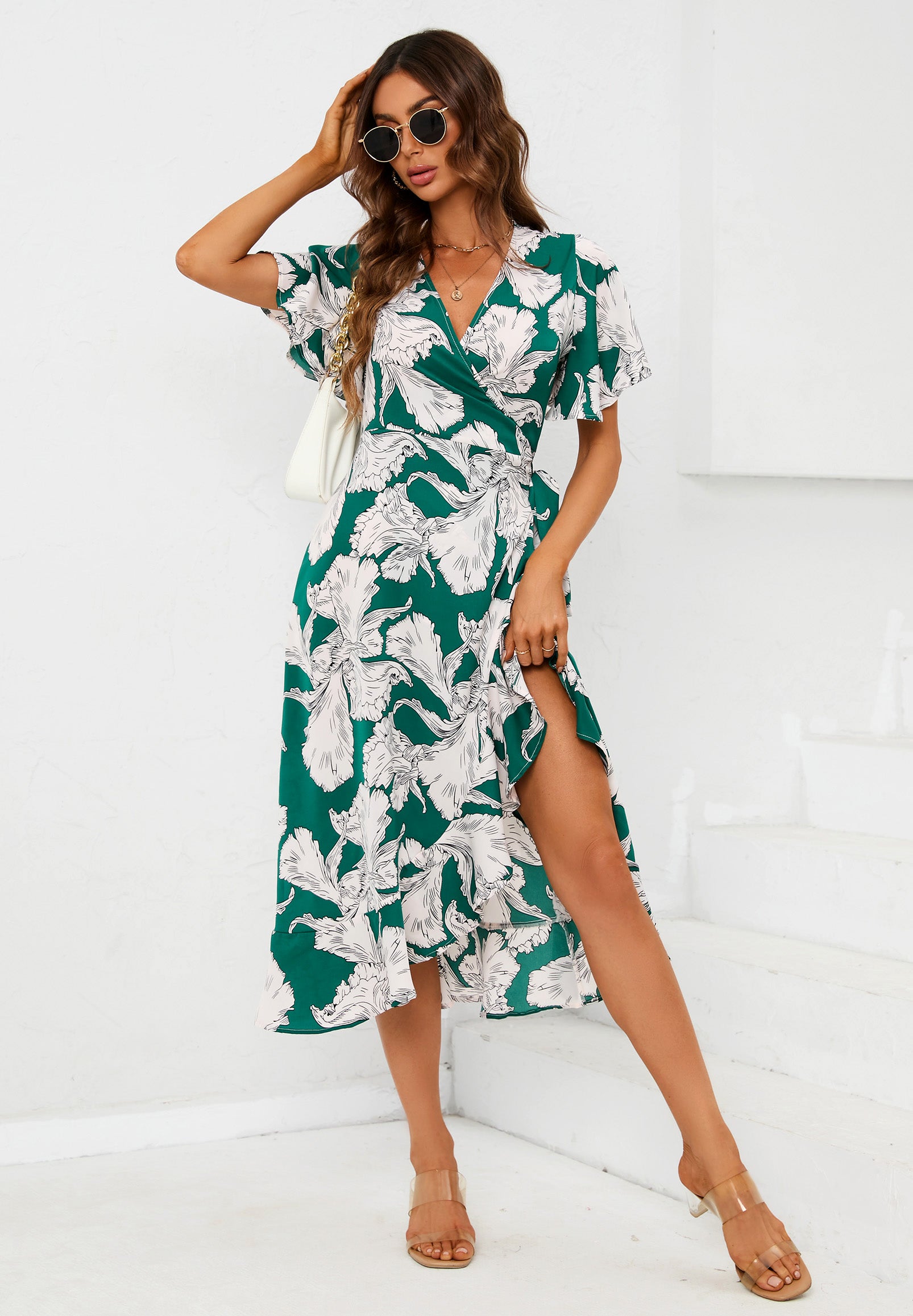 FS COLLECTION Wickelkleid Midikleid Damen mit Engelsärmeln V-Ausschnitt Sommer Blumenkleid (XS  · S  M · L · XL , 4 Farben : Weiß/Gelb, Grün/Weiß, Schwarz/Weiß und Türkis/Pink) Wickelkleid mit Blumenmuster und Bindegürtel