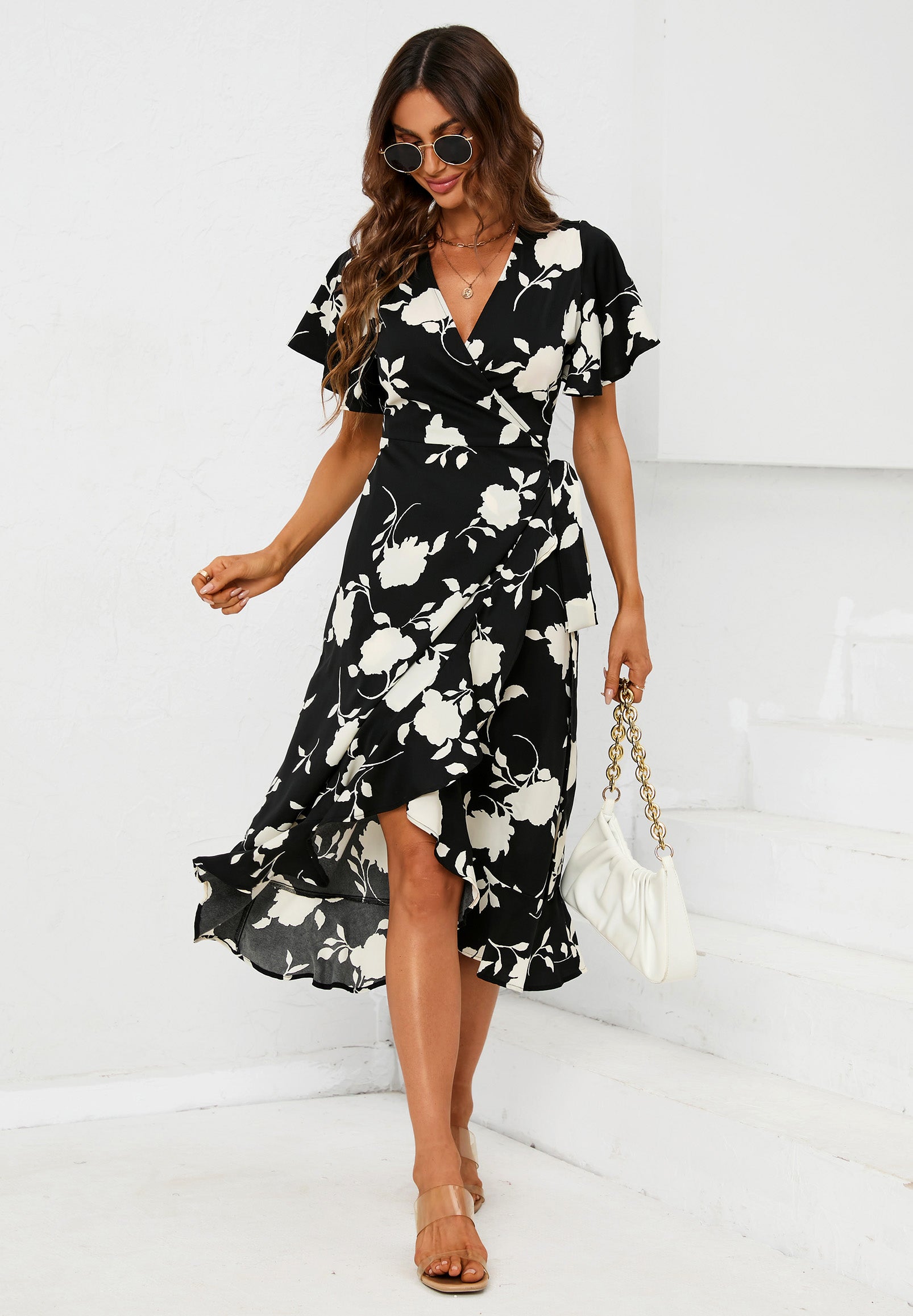 FS COLLECTION Wickelkleid Midikleid Damen mit Engelsärmeln V-Ausschnitt Sommer Blumenkleid (XS  · S  M · L · XL , 4 Farben : Weiß/Gelb, Grün/Weiß, Schwarz/Weiß und Türkis/Pink) Wickelkleid mit Blumenmuster und Bindegürtel