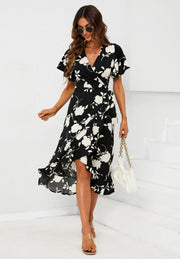 FS COLLECTION Wickelkleid Midikleid Damen mit Engelsärmeln V-Ausschnitt Sommer Blumenkleid (XS  · S  M · L · XL , 4 Farben : Weiß/Gelb, Grün/Weiß, Schwarz/Weiß und Türkis/Pink) Wickelkleid mit Blumenmuster und Bindegürtel