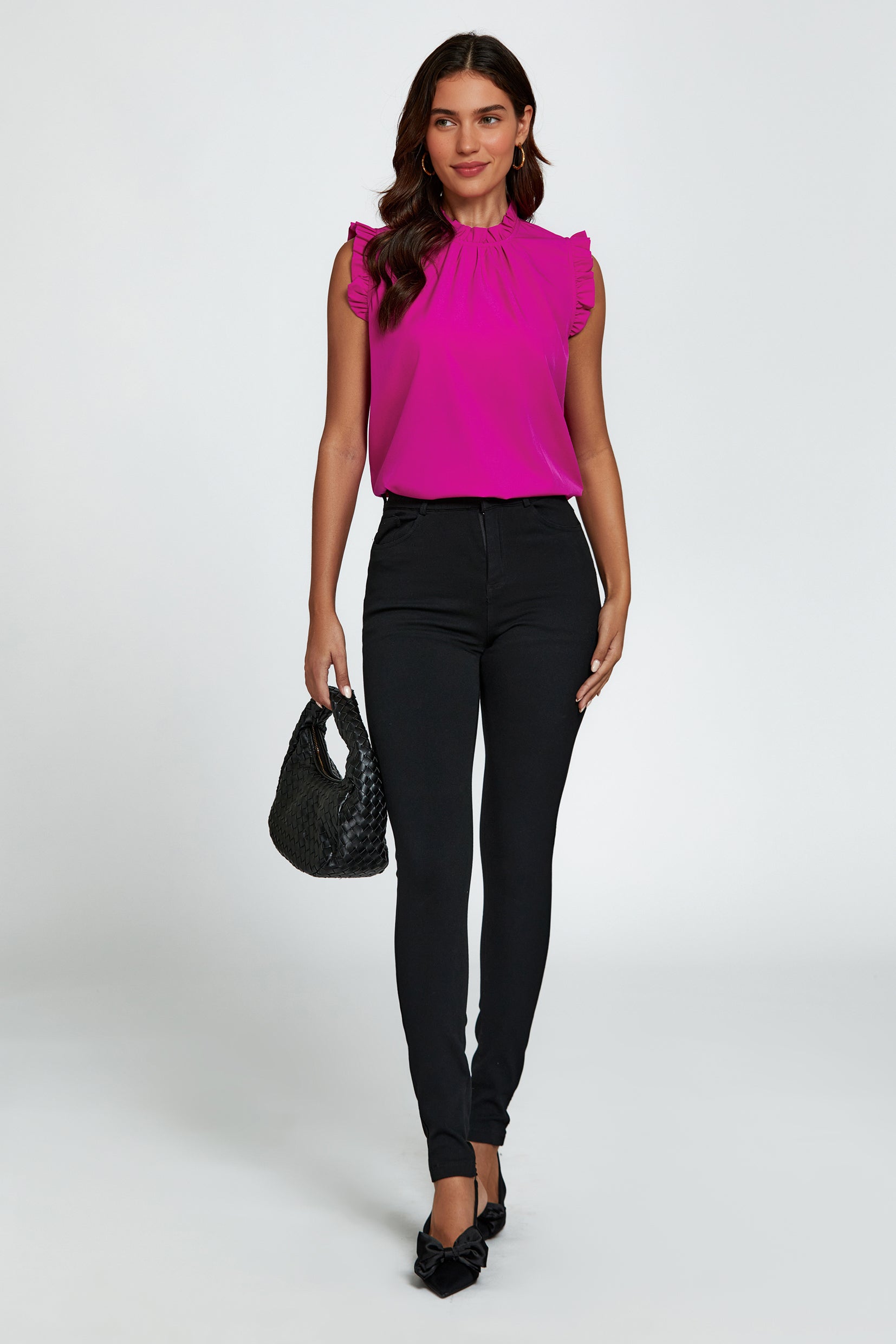FS COLLECTION Blusentop Damen Blusentop ärmellos mit Rüschenkragen elegante Sommerbluse Rüschenkragen und Rüschenbesatz an den Schultern