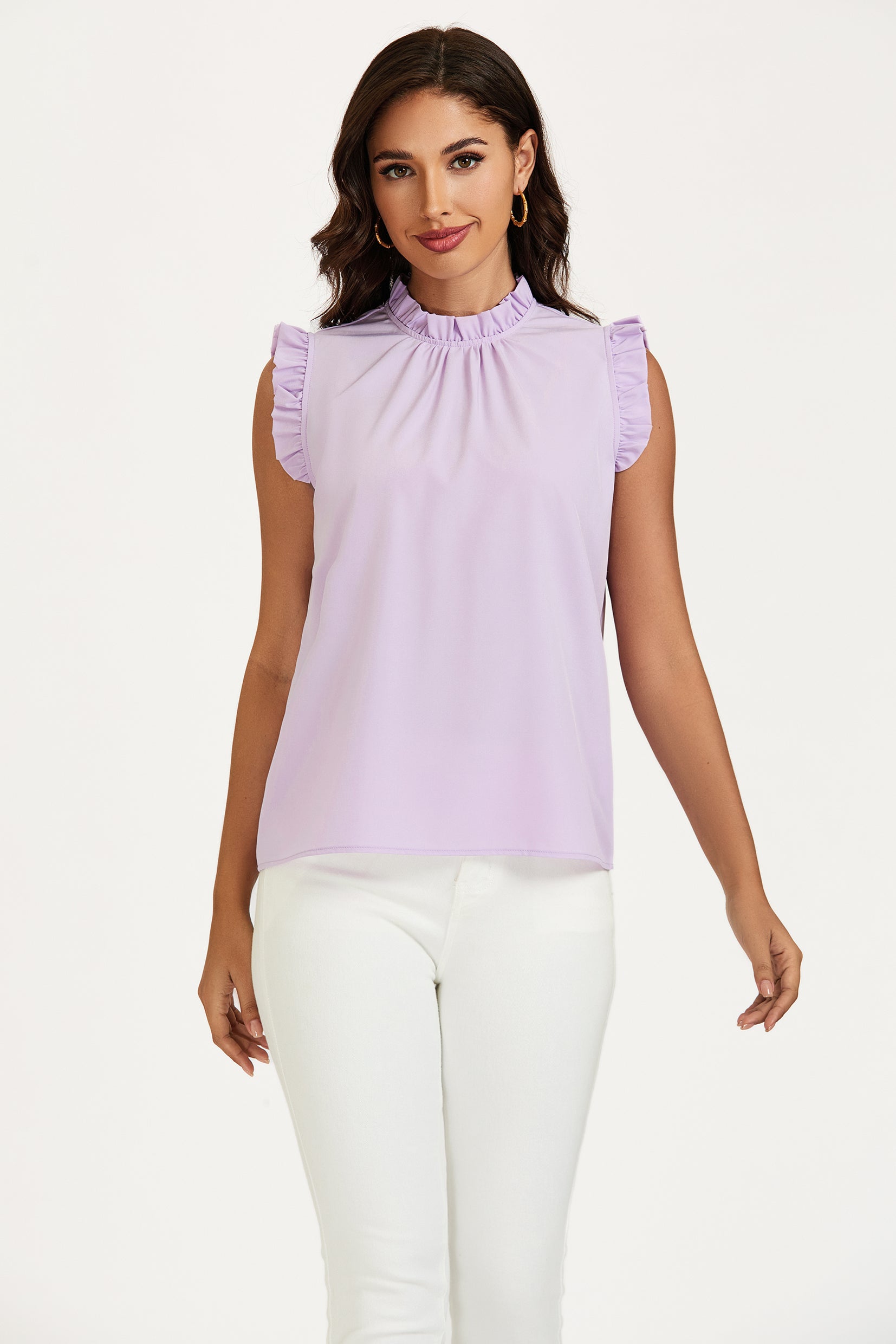 FS COLLECTION Blusentop Damen Blusentop ärmellos mit Rüschenkragen elegante Sommerbluse Rüschenkragen und Rüschenbesatz an den Schultern