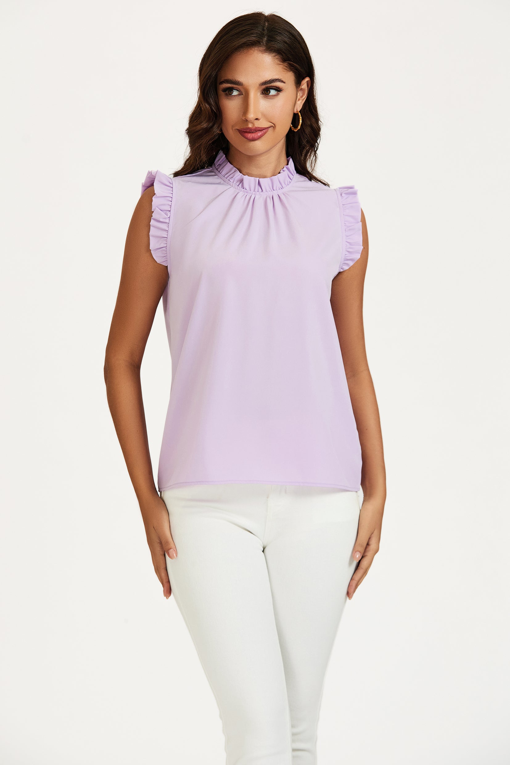 FS COLLECTION Blusentop Damen Blusentop ärmellos mit Rüschenkragen elegante Sommerbluse Rüschenkragen und Rüschenbesatz an den Schultern