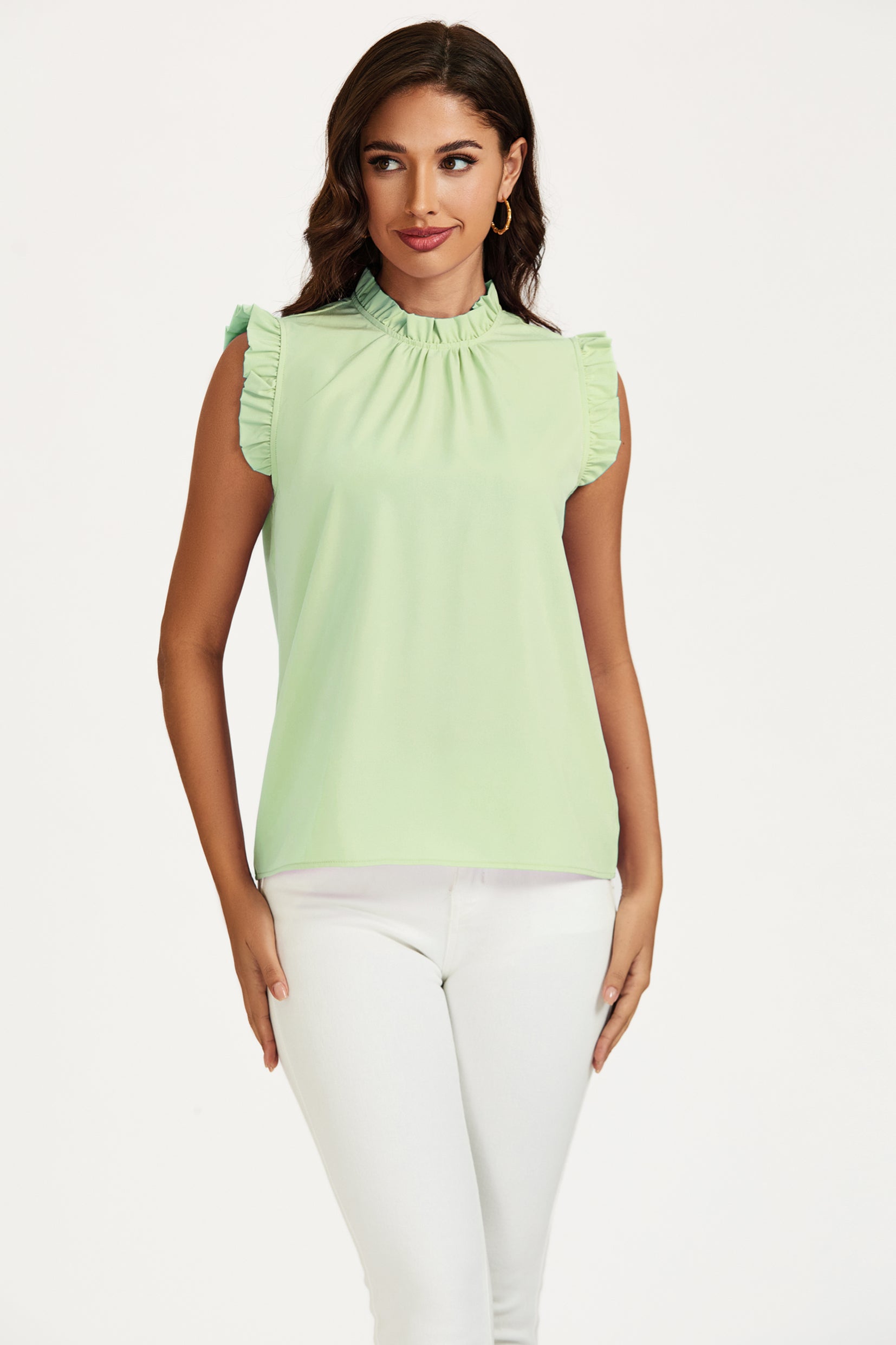 FS COLLECTION Blusentop Damen Blusentop ärmellos mit Rüschenkragen elegante Sommerbluse Rüschenkragen und Rüschenbesatz an den Schultern