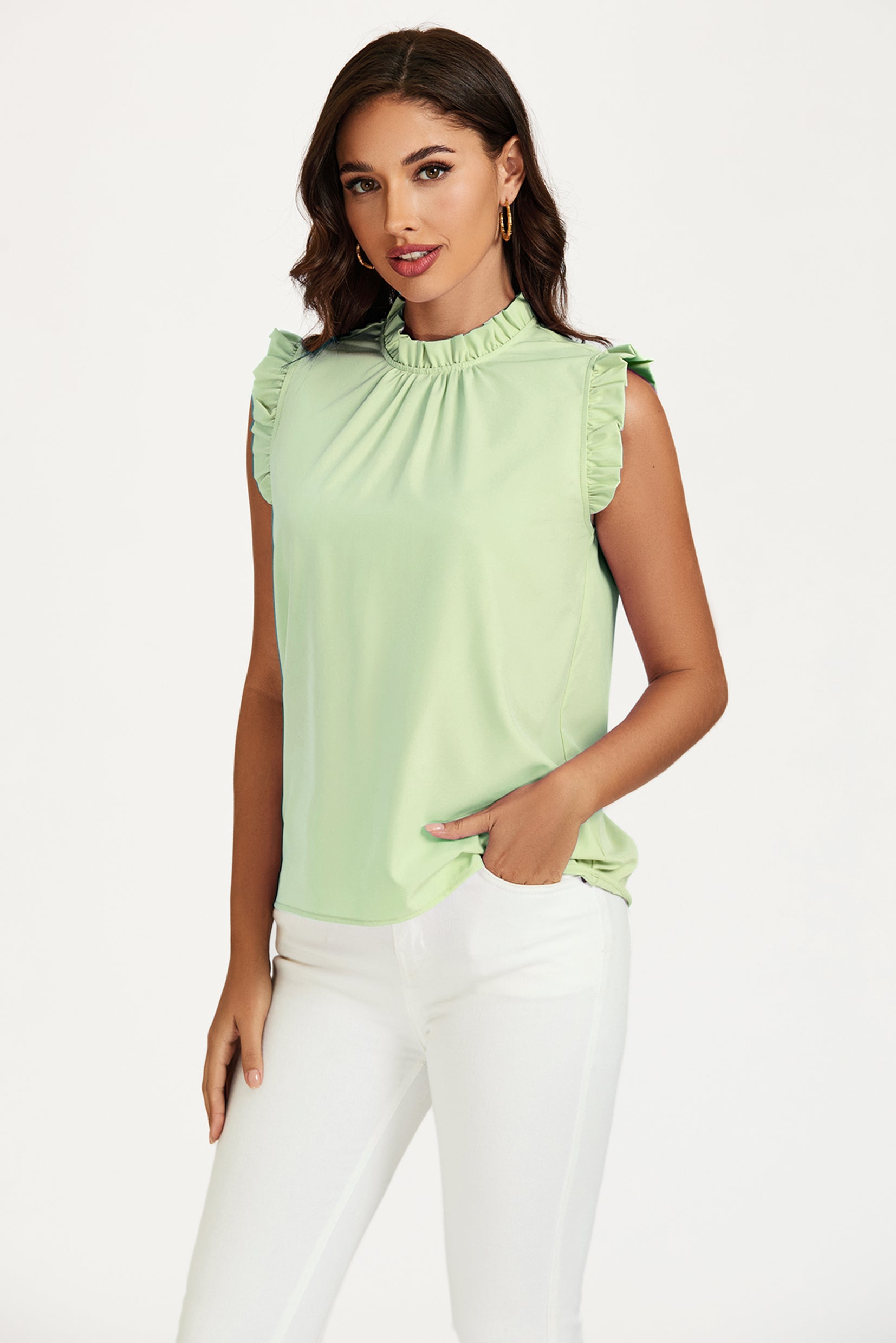FS COLLECTION Blusentop Damen Blusentop ärmellos mit Rüschenkragen elegante Sommerbluse Rüschenkragen und Rüschenbesatz an den Schultern
