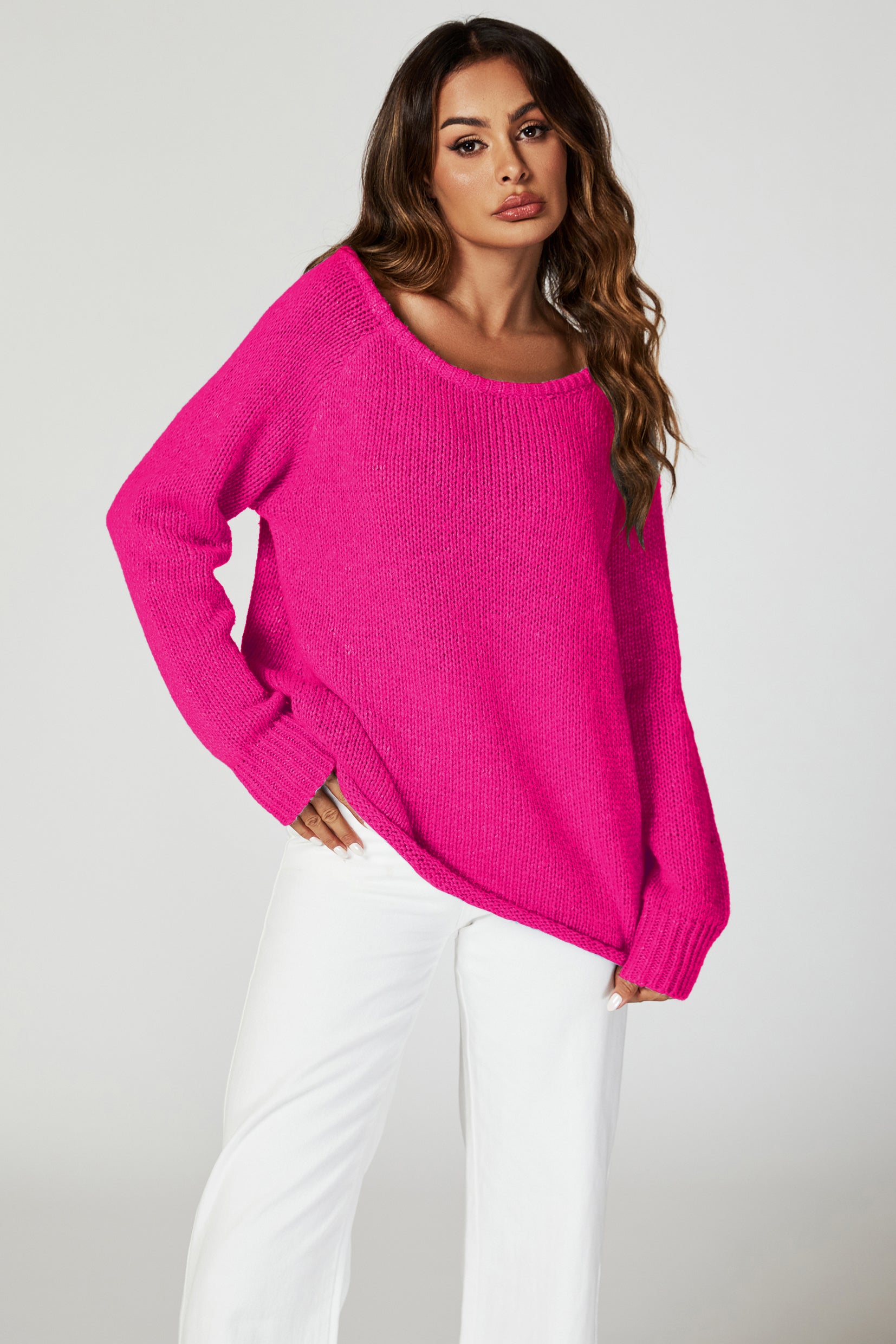 FS COLLECTION Strickpullover Bequemes Pulloveroberteil Pullover-Top – Strickwaren (Einheitsgröße: UK 8–14 / EU 36–44, 6 Farben : Dunkelbeige, Beige, Hellblau, Magenta, Marineblau und Rosa) 60 % Acryl, 40 % Polyester