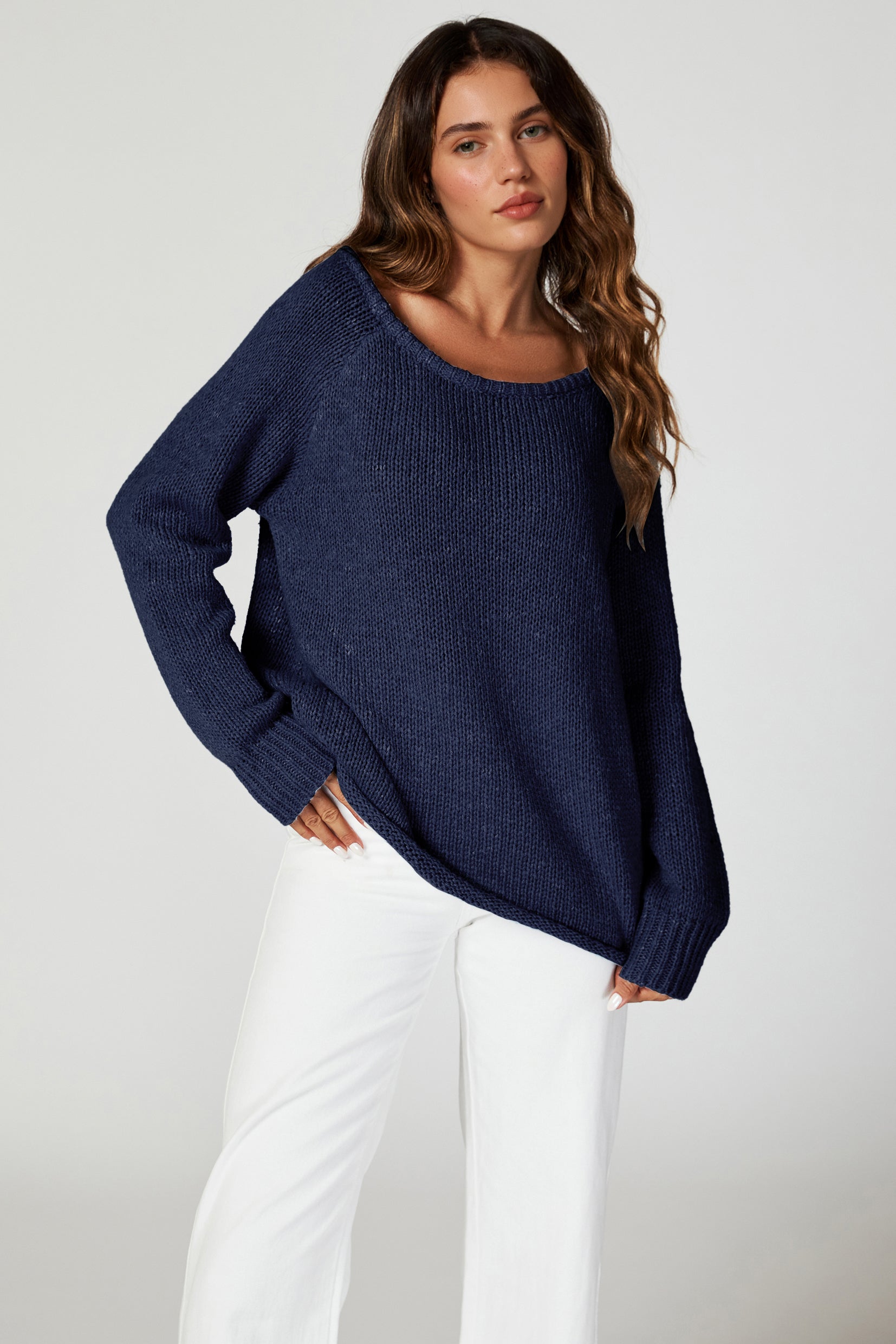 FS COLLECTION Strickpullover Bequemes Pulloveroberteil Pullover-Top – Strickwaren (Einheitsgröße: UK 8–14 / EU 36–44, 6 Farben : Dunkelbeige, Beige, Hellblau, Magenta, Marineblau und Rosa) 60 % Acryl, 40 % Polyester