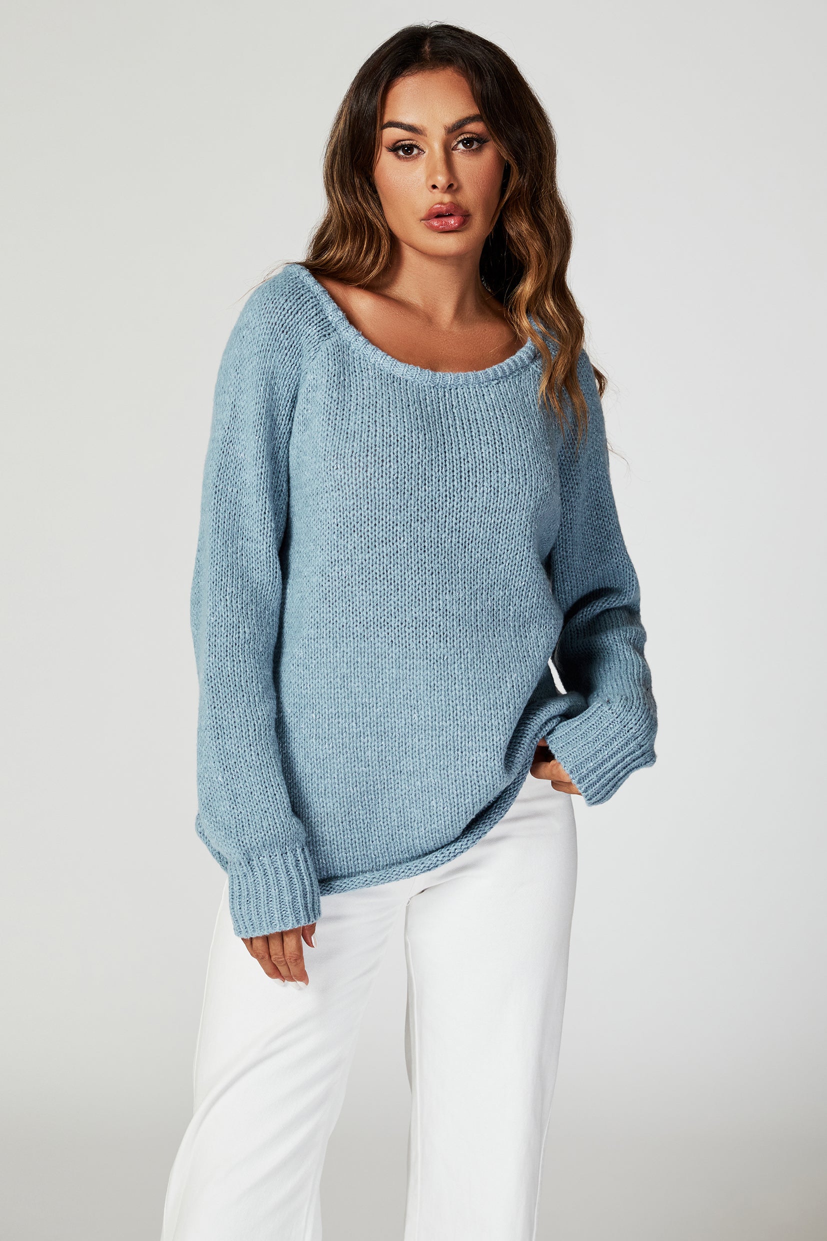 FS COLLECTION Strickpullover Bequemes Pulloveroberteil Pullover-Top – Strickwaren (Einheitsgröße: UK 8–14 / EU 36–44, 6 Farben : Dunkelbeige, Beige, Hellblau, Magenta, Marineblau und Rosa) 60 % Acryl, 40 % Polyester