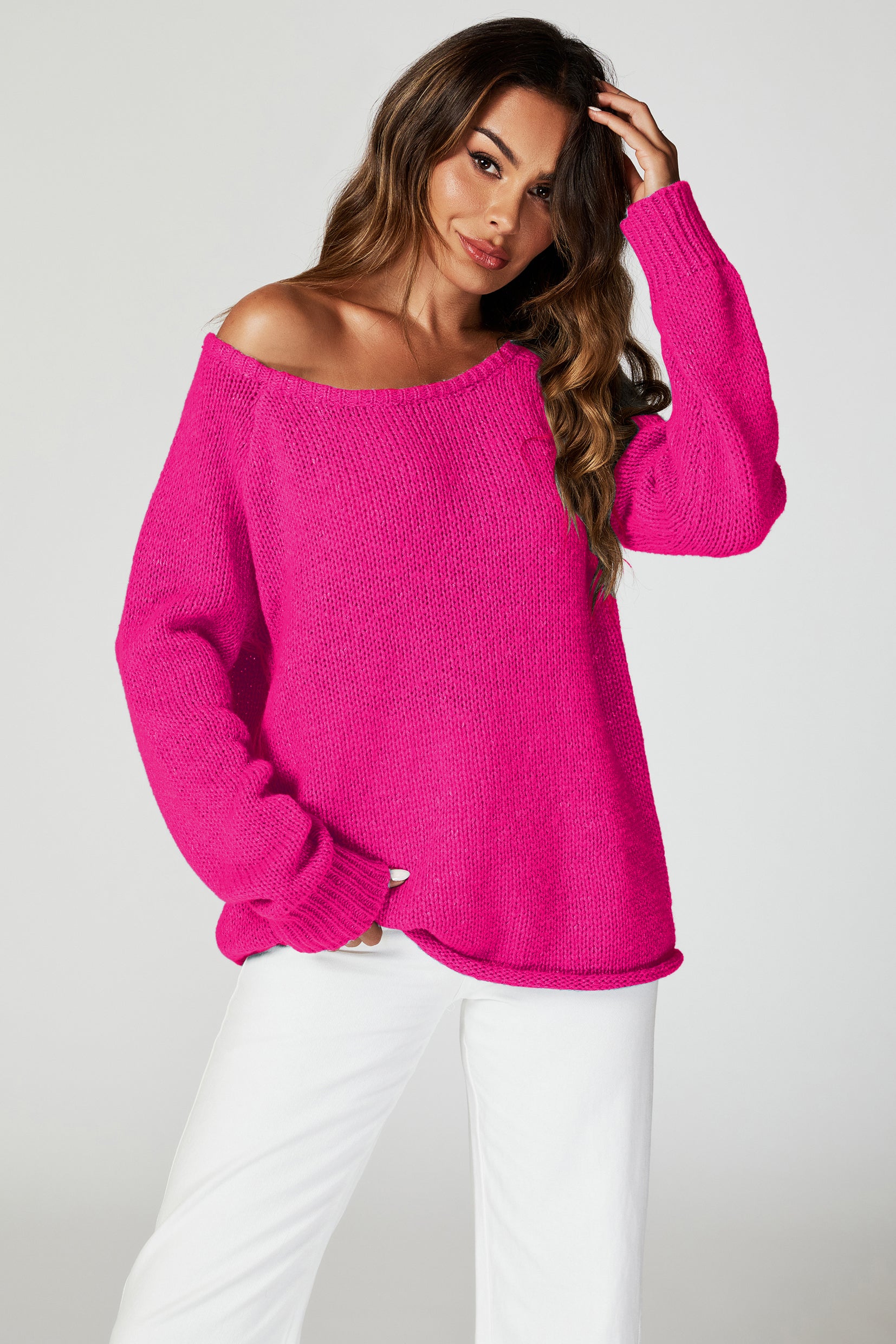 FS COLLECTION Strickpullover Bequemes Pulloveroberteil Pullover-Top – Strickwaren (Einheitsgröße: UK 8–14 / EU 36–44, 6 Farben : Dunkelbeige, Beige, Hellblau, Magenta, Marineblau und Rosa) 60 % Acryl, 40 % Polyester