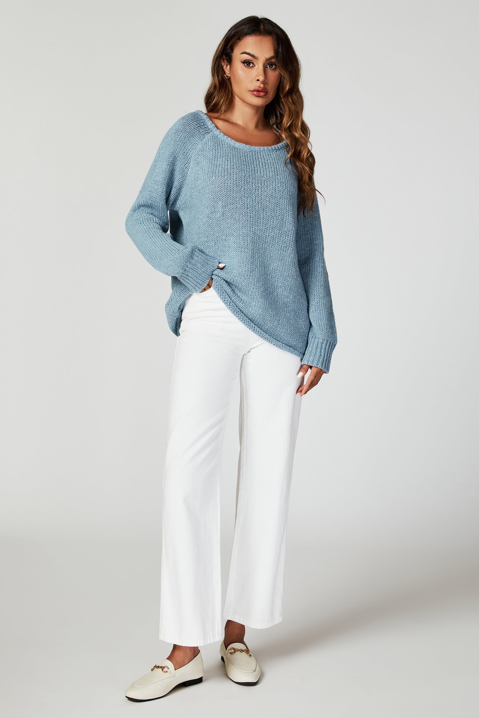 FS COLLECTION Strickpullover Bequemes Pulloveroberteil Pullover-Top – Strickwaren (Einheitsgröße: UK 8–14 / EU 36–44, 6 Farben : Dunkelbeige, Beige, Hellblau, Magenta, Marineblau und Rosa) 60 % Acryl, 40 % Polyester