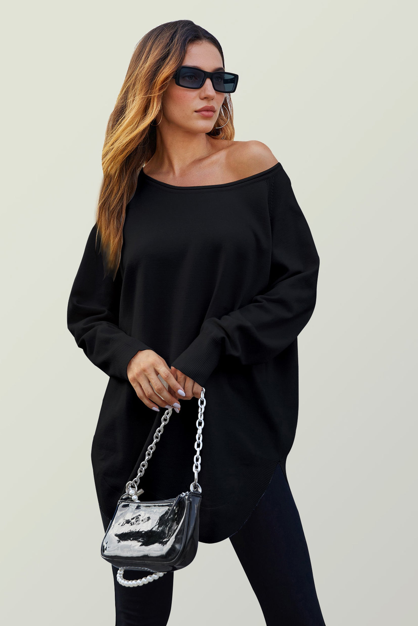 Longpullover Damen Longpullover Oversize Strickpullover für Herbst/Winter, Onesize (Einheitsgröße: UK 8–16 / EU 36–44, 4 Farben : Schwarz, Creme,Hellgrau und Dunkelgrün) 50 % Polyacryl, 30 % Polyamid, 20 % Polyester