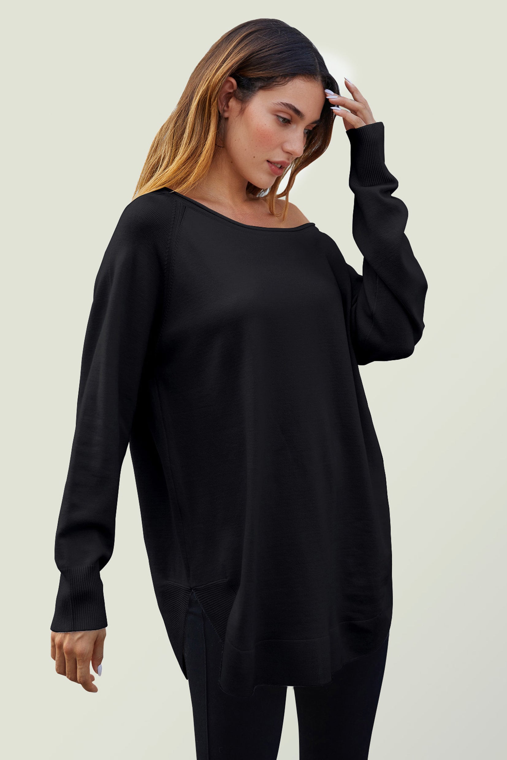 Longpullover Damen Longpullover Oversize Strickpullover für Herbst/Winter, Onesize (Einheitsgröße: UK 8–16 / EU 36–44, 4 Farben : Schwarz, Creme,Hellgrau und Dunkelgrün) 50 % Polyacryl, 30 % Polyamid, 20 % Polyester