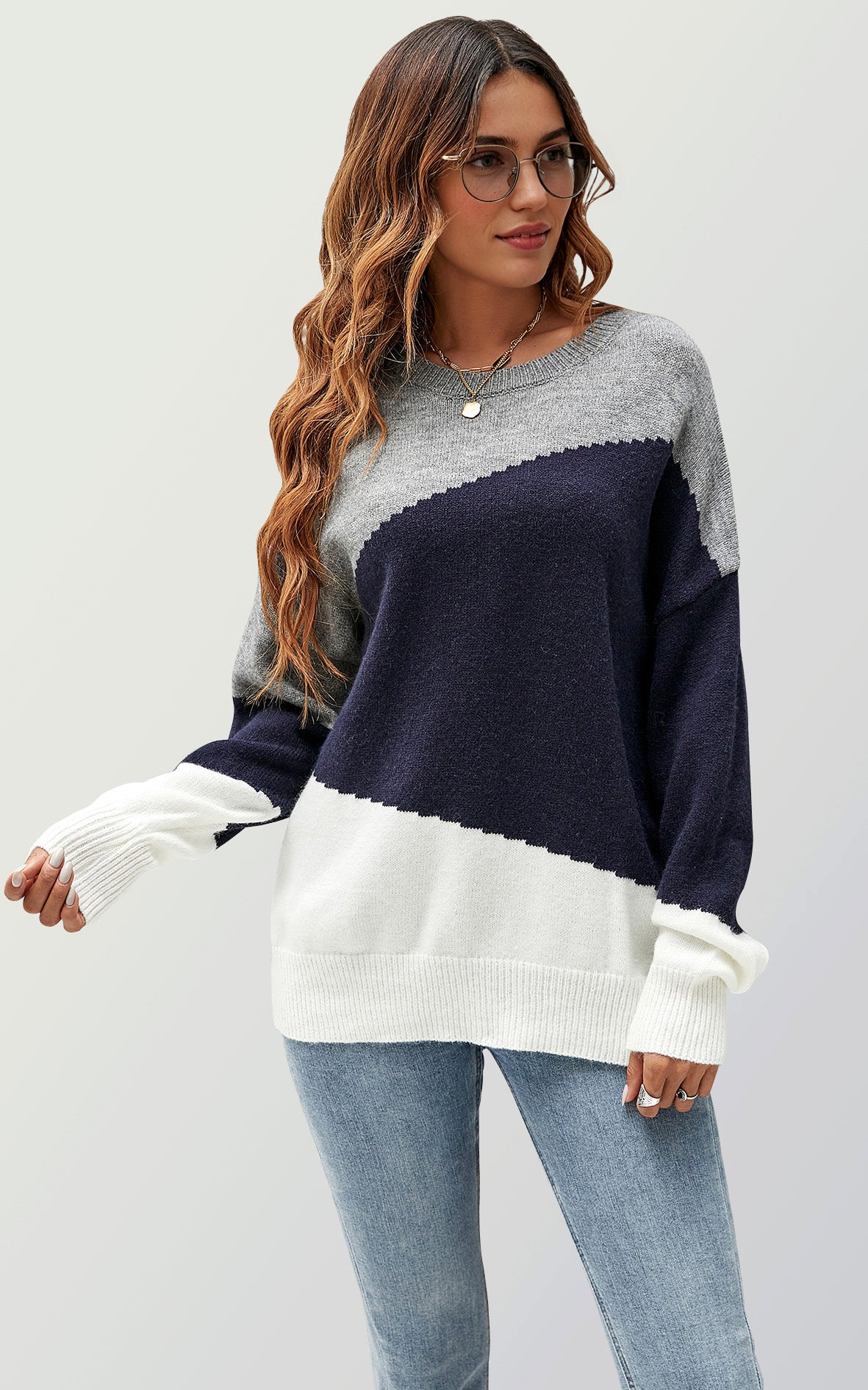 Strickpullover Damen Strickpullover in Blockfarben – Einheitsgröße, Langarm - Onesize (DE 36–44 / UK 8–16, 52% Acryl, 28% Polyamid und 20% Polyester) Marine/Grau/Weiß - Rosa/Grau/Weiß - Grau/Weiß/Camel - Blau/Weiß/Grau