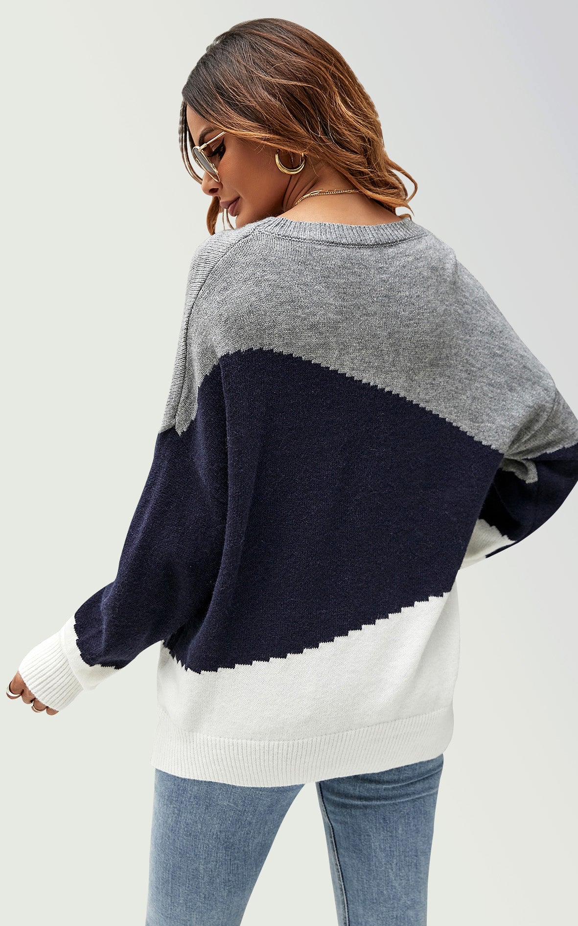 Strickpullover Damen Strickpullover in Blockfarben – Einheitsgröße, Langarm - Onesize (DE 36–44 / UK 8–16, 52% Acryl, 28% Polyamid und 20% Polyester) Marine/Grau/Weiß - Rosa/Grau/Weiß - Grau/Weiß/Camel - Blau/Weiß/Grau