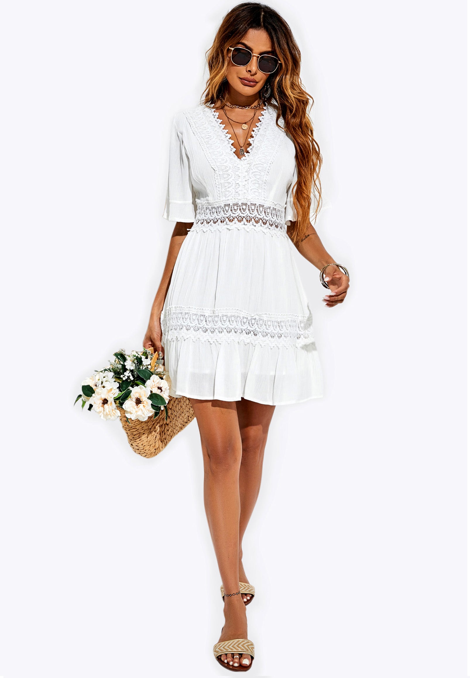 FS COLLECTION Minikleid Damen Minikleid aus Baumwolle mit V-Ausschnitt und Spitzendetails