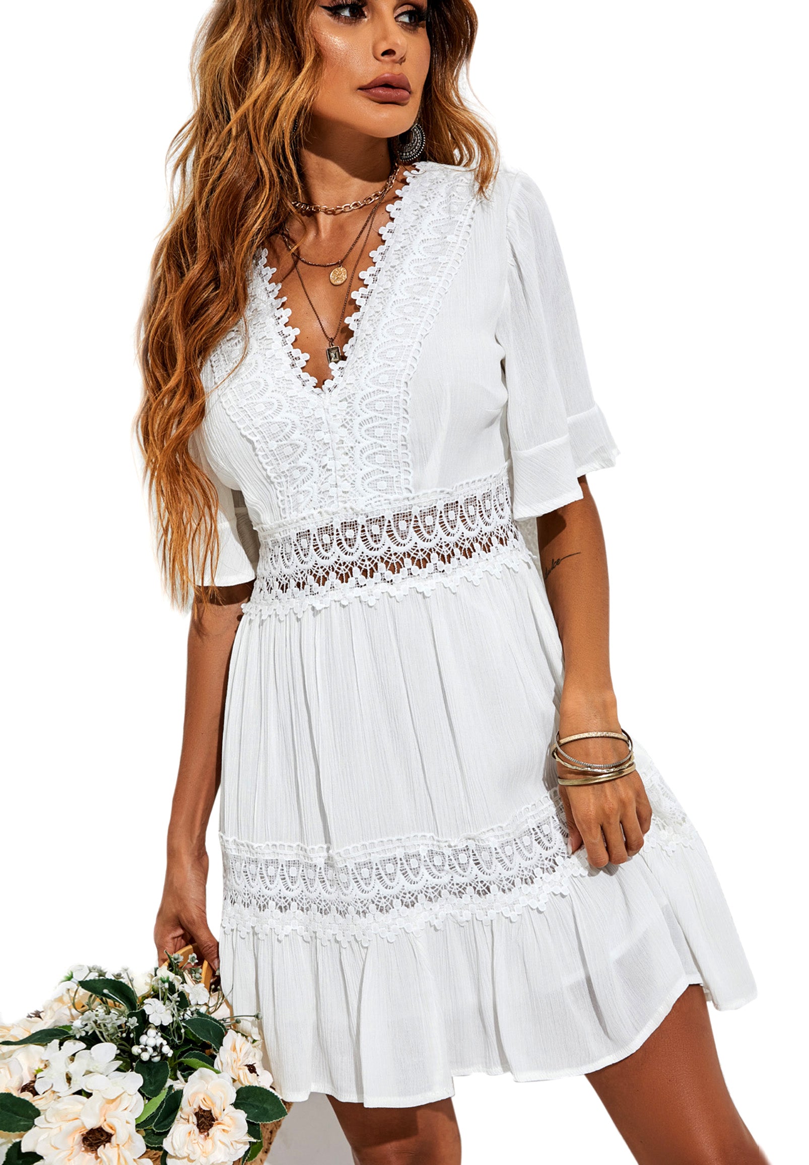 FS COLLECTION Minikleid Damen Minikleid aus Baumwolle mit V-Ausschnitt und Spitzendetails