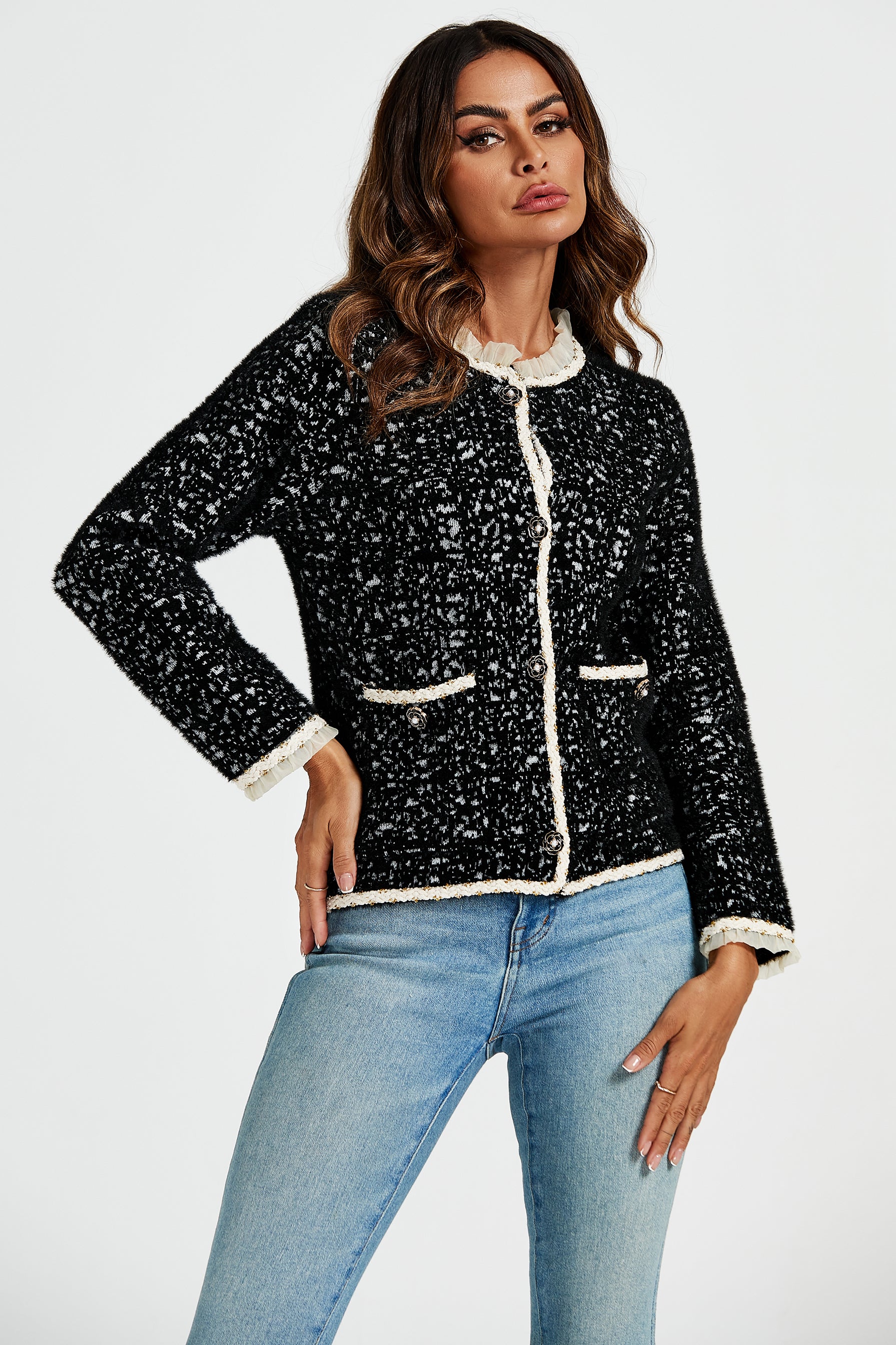 FS COLLECTION Bouclèjacke Damen Bouclé-Jacke Kurzjacke mit Spitzenbesatz und Leopardenmuster (Größen: XS, S, M, L, XL, 3 Farben : Gelb, Schwarz und Creme) 35% Baumwolle, 65% Polyester