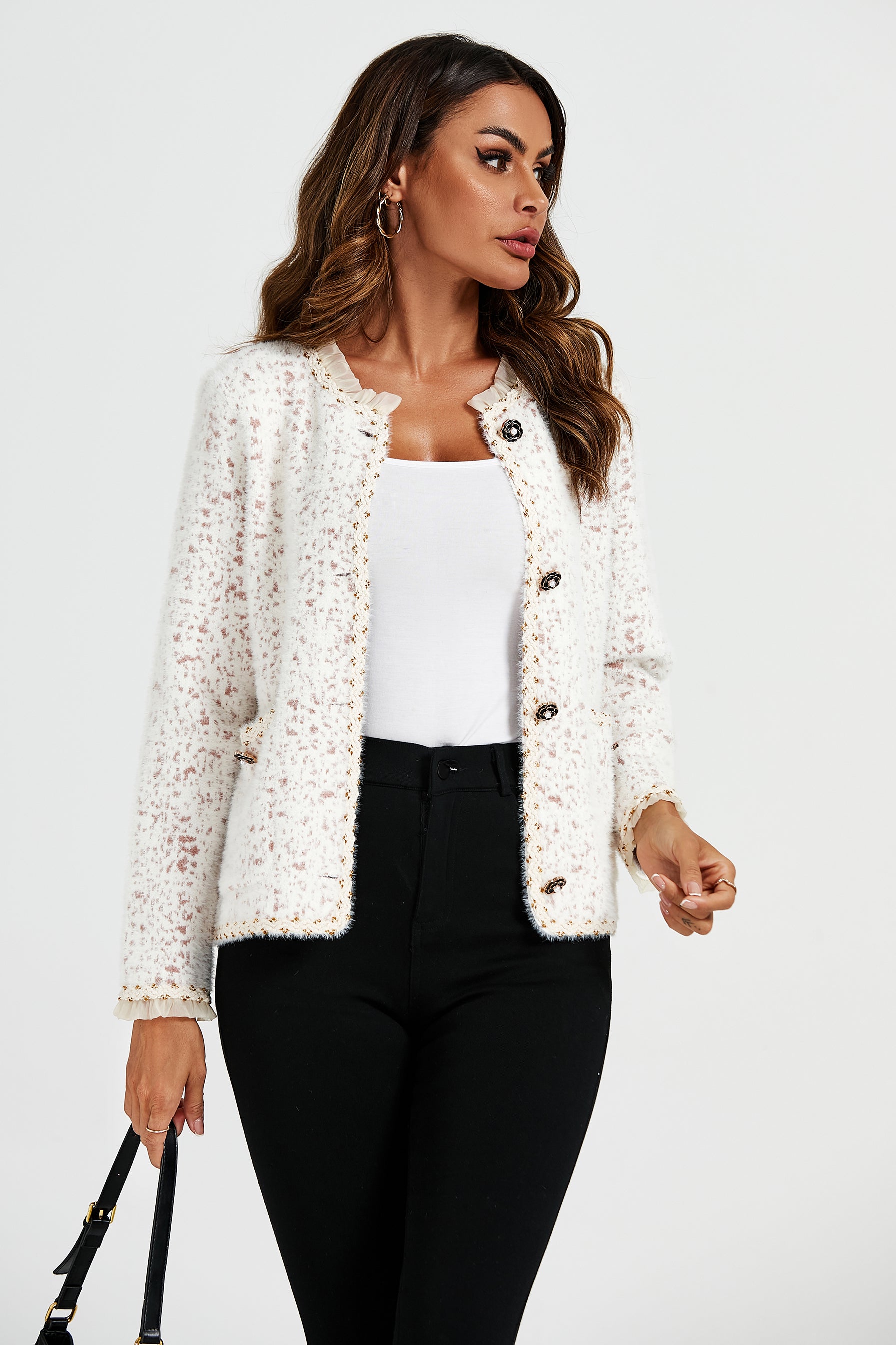 FS COLLECTION Bouclèjacke Damen Bouclé-Jacke Kurzjacke mit Spitzenbesatz und Leopardenmuster (Größen: XS, S, M, L, XL, 3 Farben : Gelb, Schwarz und Creme) 35% Baumwolle, 65% Polyester