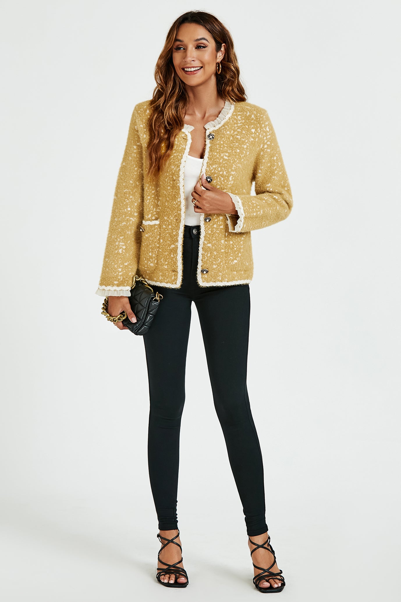 FS COLLECTION Bouclèjacke Damen Bouclé-Jacke Kurzjacke mit Spitzenbesatz und Leopardenmuster (Größen: XS, S, M, L, XL, 3 Farben : Gelb, Schwarz und Creme) 35% Baumwolle, 65% Polyester