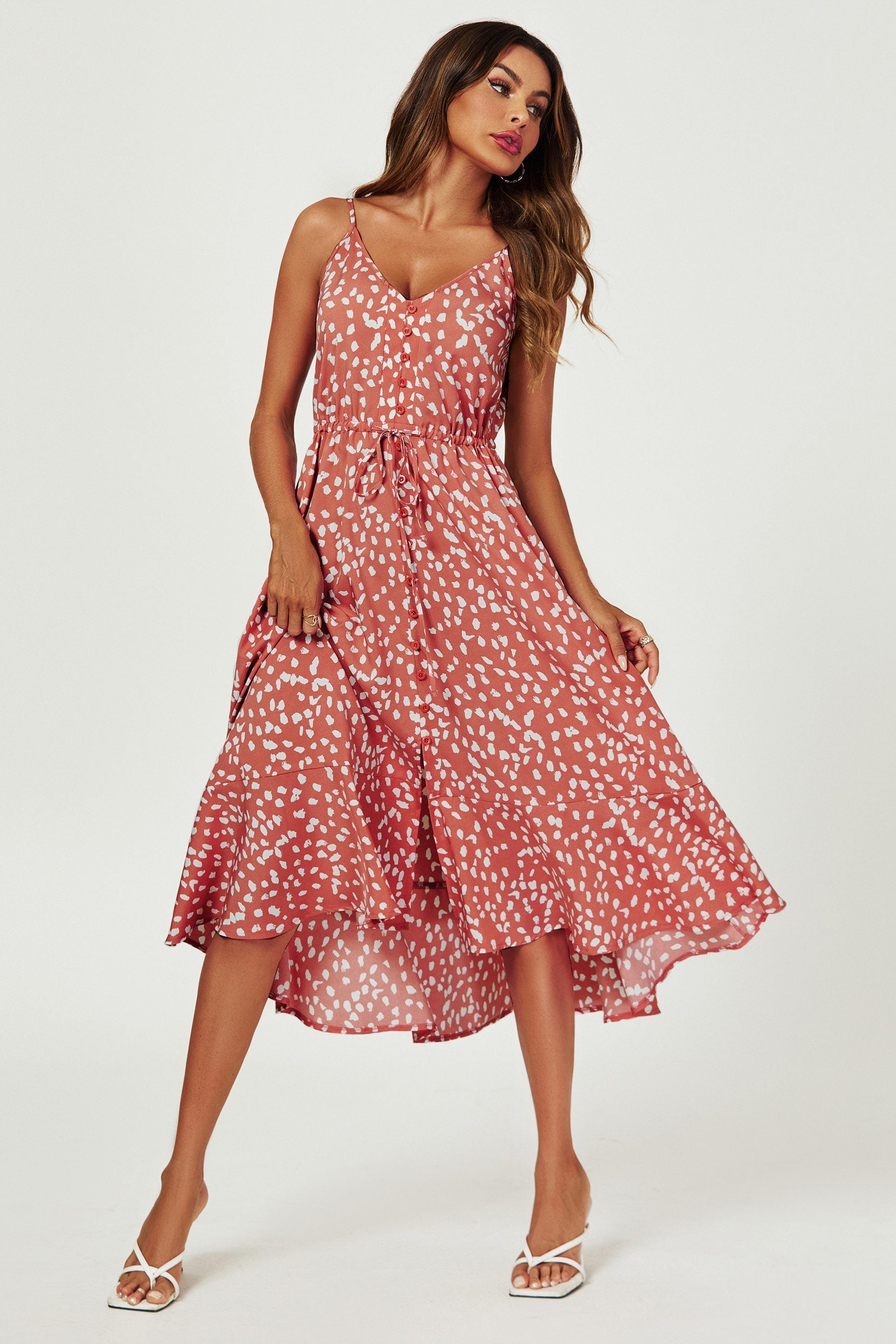 Trägerkleid Damen Trägerkleid Midikleid Sommerkleid Print & Bindegürtel, fließend (XS (EU:36 / UK:8) · S (EU:38 / UK:10) · M (EU:40 / UK:12) · L (EU:42 / UK:14) · XL (EU:44 / UK:16), 3 Farben Print, Bindegürtel, Knopfleiste, fließender Stoff