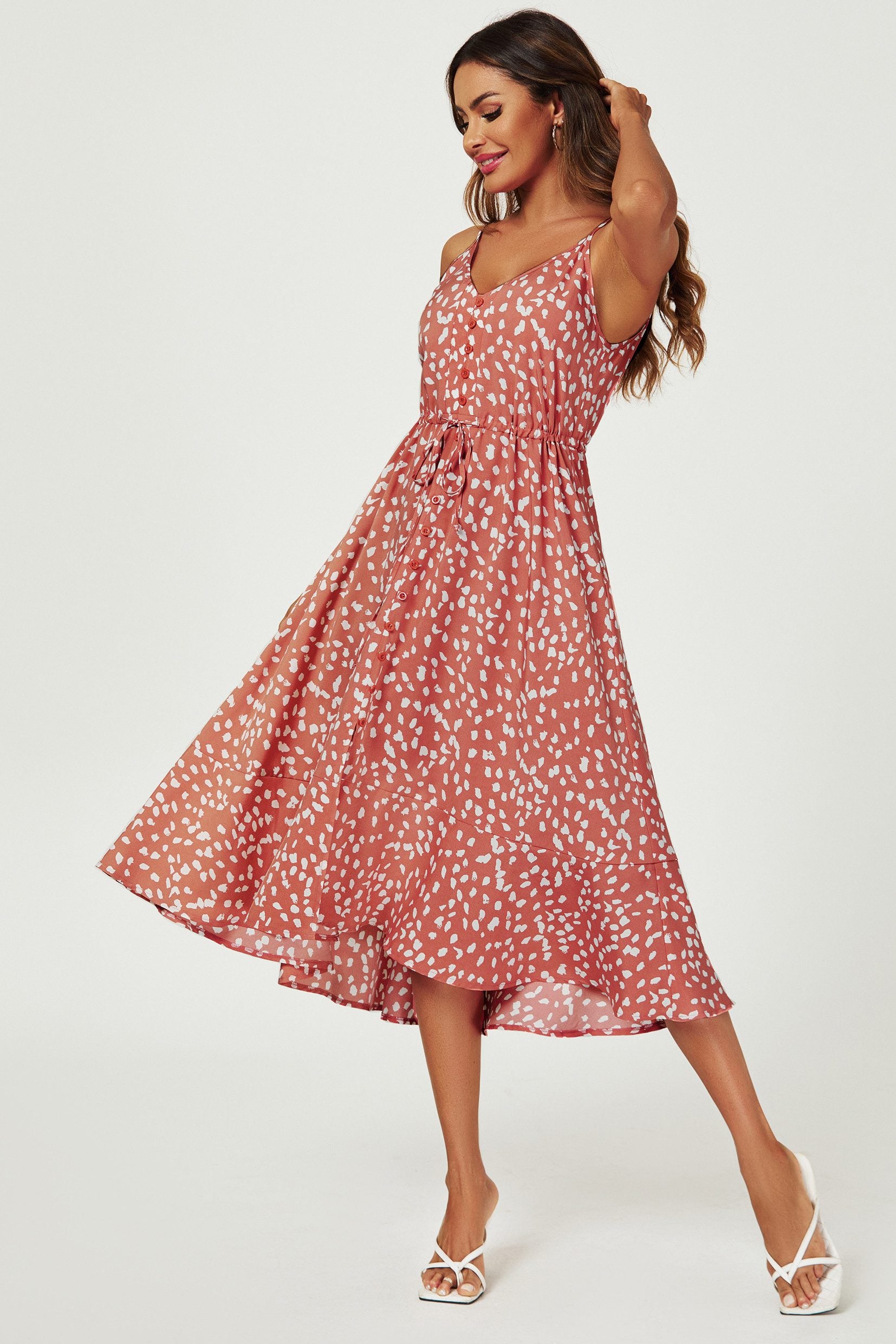 Trägerkleid Damen Trägerkleid Midikleid Sommerkleid Print & Bindegürtel, fließend (XS (EU:36 / UK:8) · S (EU:38 / UK:10) · M (EU:40 / UK:12) · L (EU:42 / UK:14) · XL (EU:44 / UK:16), 3 Farben Print, Bindegürtel, Knopfleiste, fließender Stoff