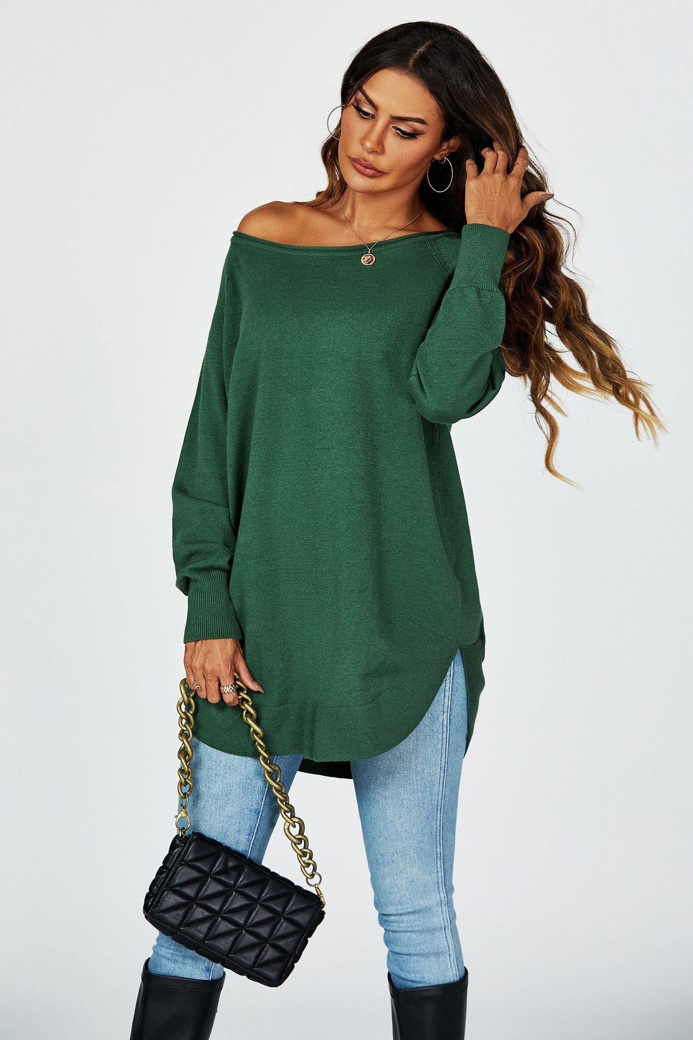 Longpullover Damen Longpullover Oversize Strickpullover für Herbst/Winter, Onesize (Einheitsgröße: UK 8–16 / EU 36–44, 4 Farben : Schwarz, Creme,Hellgrau und Dunkelgrün) 50 % Polyacryl, 30 % Polyamid, 20 % Polyester