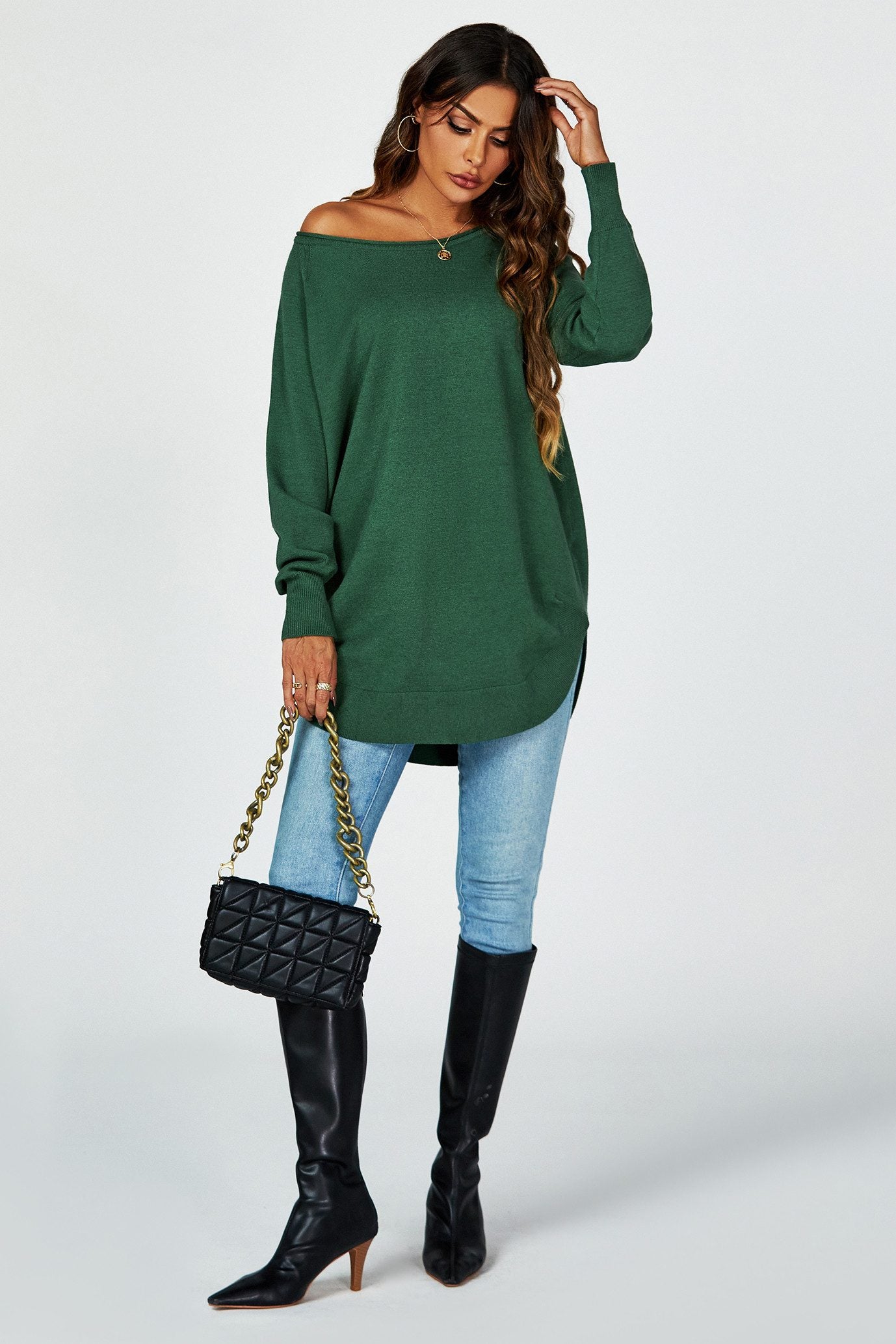Longpullover Damen Longpullover Oversize Strickpullover für Herbst/Winter, Onesize (Einheitsgröße: UK 8–16 / EU 36–44, 4 Farben : Schwarz, Creme,Hellgrau und Dunkelgrün) 50 % Polyacryl, 30 % Polyamid, 20 % Polyester